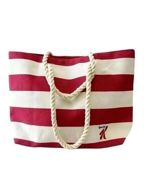 Oversized Canvas Tote Bag Rope Handle Beach Travel Carryall Red Cream Stripes